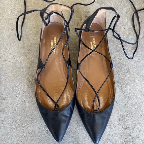 Aquazzura Black Leather Lace-Up Flats - Picture 1 of 3